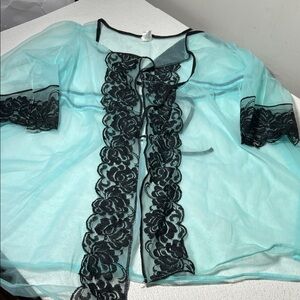 Guild Creation Sheer Aqua Black Lace Short Robe - Women’s Intimates Size L/34